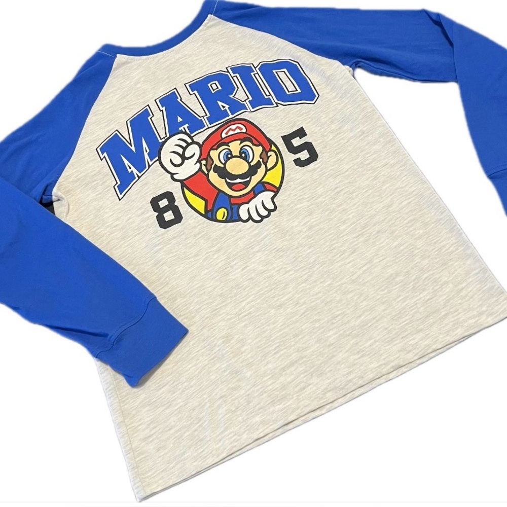 Kids Nintendo Super Mario Boys Raglan Gray Long Sleeve Shirt M(10-12)